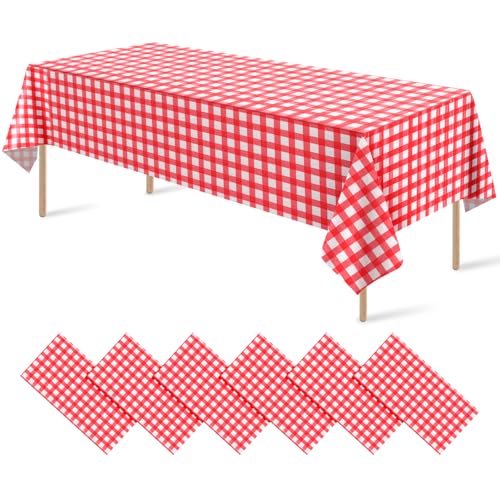 Image of 6 Pack Red and White Plastic Checkered Tablecloth, Premium Decorative Disposable Red Gingham Plaid Table Cloths for Parties, Rectangle Party Table Cover for Picnic Farm Birthday Wedding, 54x108 Inch