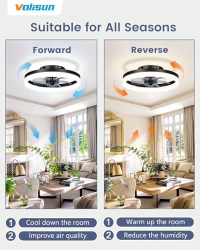 Image of VOLISUN 13 inch Small Ceiling Fans with Lights and Remote, Low Profile Ceiling Fans with Light, 3000K-6500K Dimmable LED Ceiling Light Flush Mount, Bladeless Fandelier Ceiling Fan (Black)