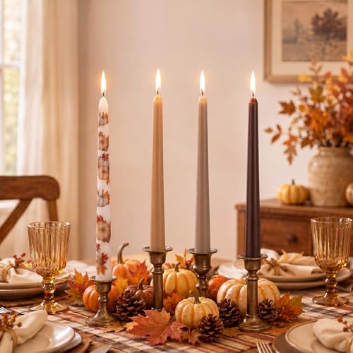 Conelist 4 Pcs Fall Taper Candles 10 Inch Autumn Candles with Pumpkin Print Warm Brown Candle for Thanksgiving Dinner Table Halloween and Harvest Home Decor