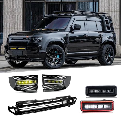 T T-ABC New Accessories Set Compatible with 2020-2025 Land Rover Defender Grill Lights 110 130 90 Fog Light P300 P400 P500 P525 Rear Bumper Lamp All Edition LED Trim Custom Front Replacement (GS+F+RN)