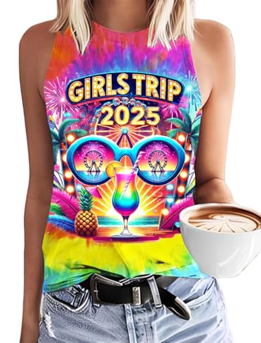 Image of jusgai Girls Trip 2025 Tank Tops for Women Hawaiian Coconut Tree Vintage Tee Summer Vacation Tie Dye Sleeveless Tops(Tie Dye-1, Large)