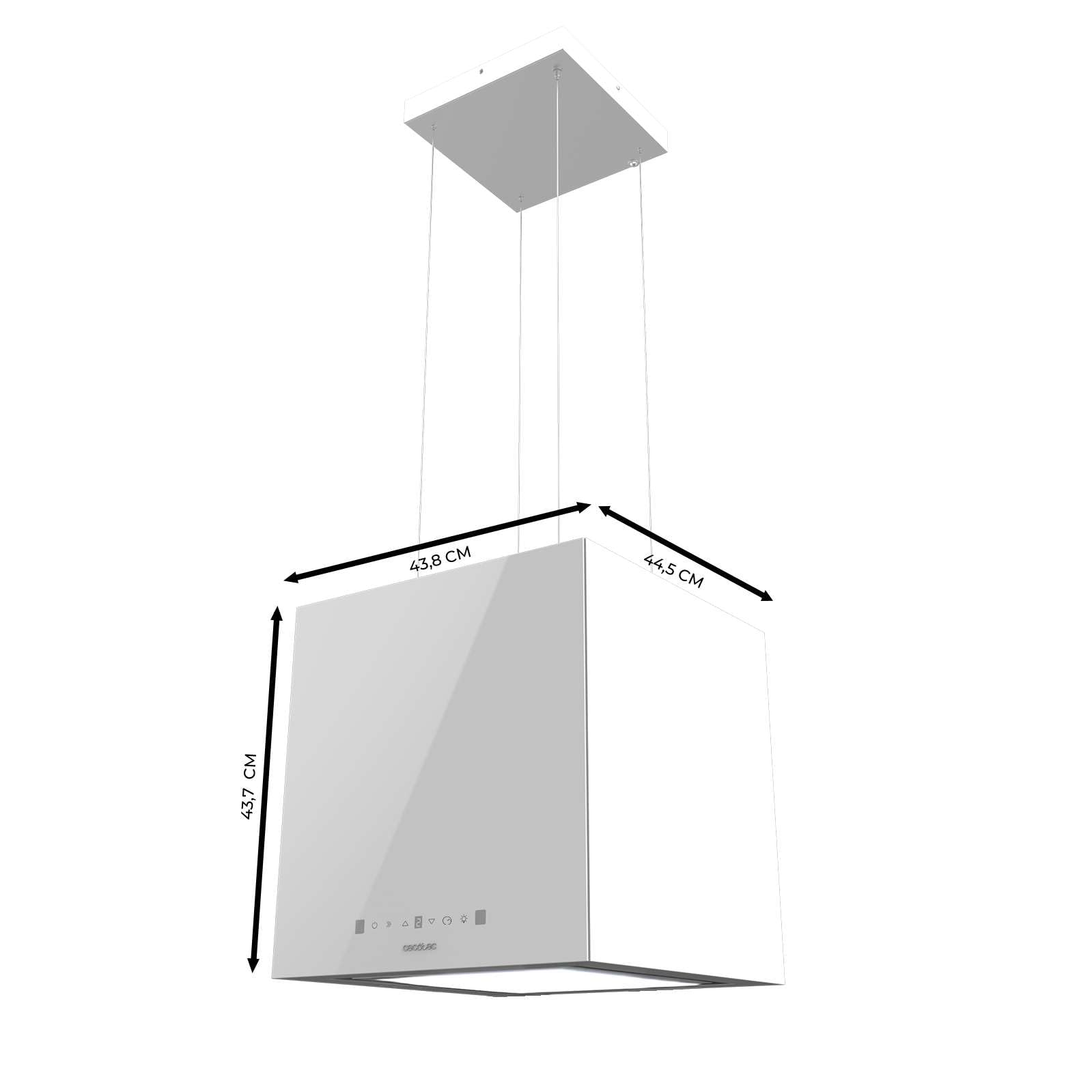 Cecotec Cappa Aspirante a Isola 44 cm, Cappa Cucina. Bolero Flux CCT 448000 Glass White A++ Cappa 44cm vetro bianco, Flusso d'Aria 800m3/h, 210W, A++, Slider, LED, Carbonio Ø176, alluminio 5 strati