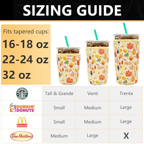 Image of YR Reusable Neoprene Insulator Sleeve for Iced Coffee Cups, 3 Pack Coffee Coolies sleeves for Iced & Hot Drinks, Cold Beverage Cooler Compatible with Starbucks Coffee and More (Fall Leaves)