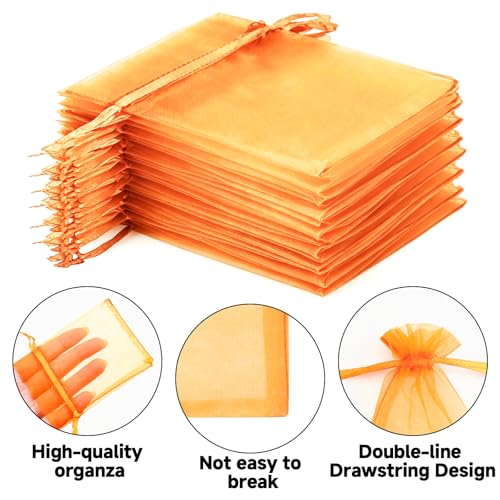 Image of joycraft 50Pcs Orange Organza Bags - 2.7x3.5 Inch Drawstring Halloween Pouch with Mesh, Small Organza Gift Pouch for Thanksgiving, Wedding Favors, Jewelry Display, Candy Bags