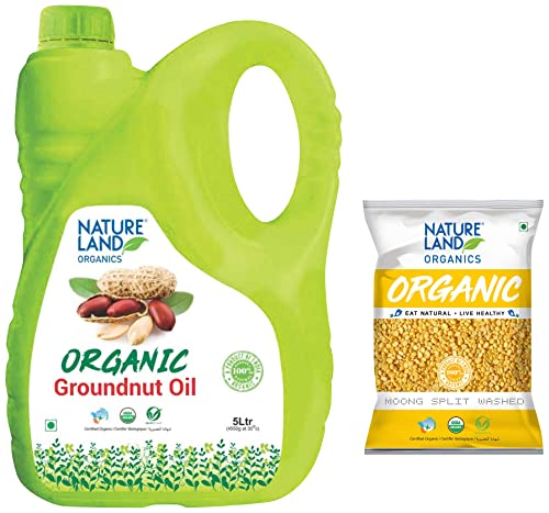 Image of Natureland Organics Groundnut Oil Jar, 5 L & Moong Dal Yellow /Split Washed Pouch, 1 kg