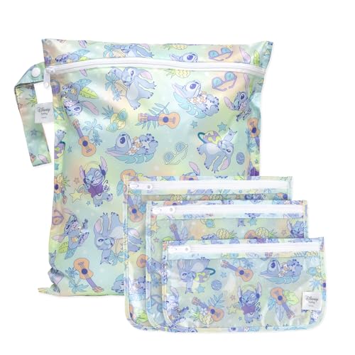Image of Bumkins - Waterproof Wet Bag & Clear Travel Bags - For Beach, Baby, Travel, Swim Suit, Cloth Diapers, Pump Parts, Pool, Gym, Toiletries - Reusable & Easy to Clean - Disney Stitch - 4 Pack