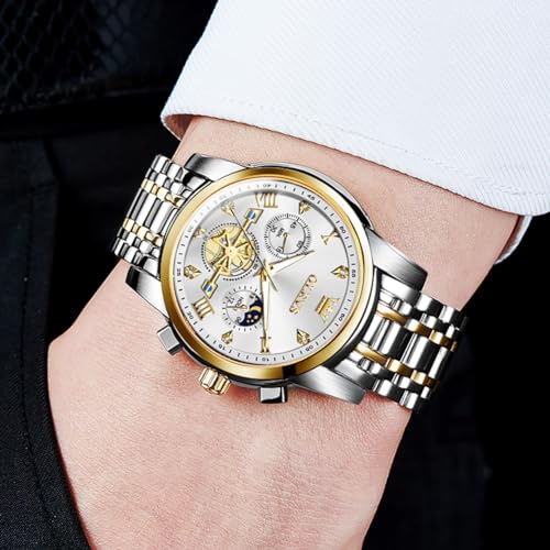 Image of OLEVS Watch for Men Analog Quartz Luxury Diamond Dial Dress Wrist Watches, 2856:Two Tone&Gold White, Two Tone Band White Dial | Chronograph, 100Ft Waterproof, Calendar, Luminous, Stainless Steel Strap