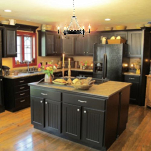 UNITARY Brand Black Metal and Wood Beads Farmhouse Candle Chandelier for Dining Room with 6 E12 Bulb Sockets, Industrial Hanging Lights, Kitchen Island Pendant Light Fixture - Image 6