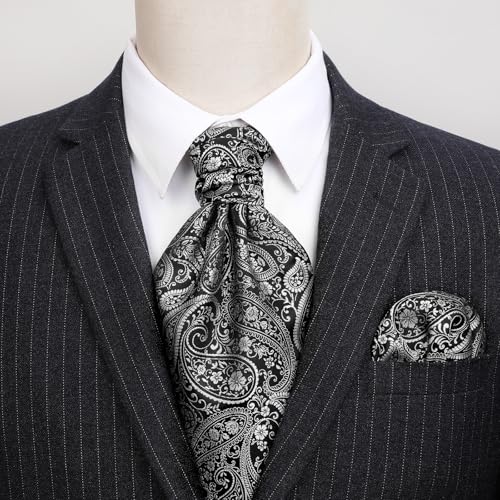 Image of HISDERN Ascot Ties for Men Paisley Floral Ascot and Pocket Square Set Classic Self Tie Mens Cravat Handkerchief for Wedding