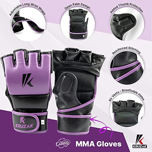 Kruzak Mma Gloves, Men And Women’s Half-Finger Boxing Mitts, Hand Wraps With Open Palms For Grappling, Kickboxing, Sanda, Sparring, Muay Thai (S/M, Puple) #TOP3