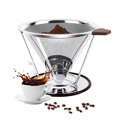 Filtro de café de acero inoxidable (cafetera de más de cono con doble capas de malla reutilizable papel café y empuñadura de goma para oficina en casa uso de viaje (1  4 tazas)