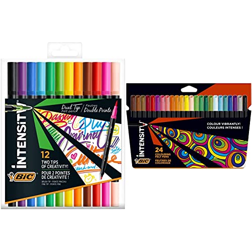 Bic Intensity Dual Tip Doble Punta - Rotuladores Y Marcadores Pincel, Caja De 12 Unidades, Colores Surtidos + Intensity, Rotuladores De Punta Fina (0.9 Mm) Para Colorear