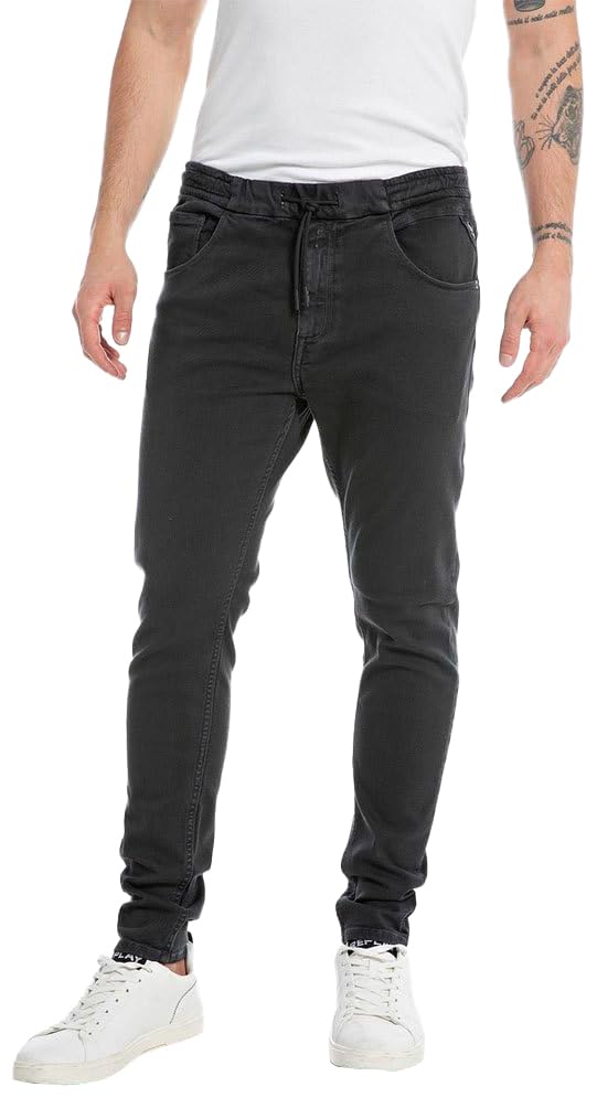 REPLAY Adult M1077 Milano Power Stretch Jeans, Blackboard 099, 34W / 30L