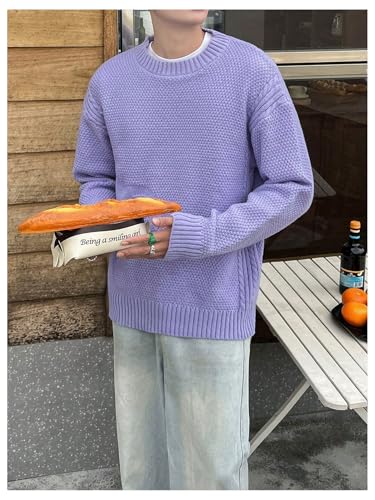 Verdusa Men's Drop Shoulder Long Sleeve Knit Sweaters Textured Crewneck Pullover Sweater Purple Large3