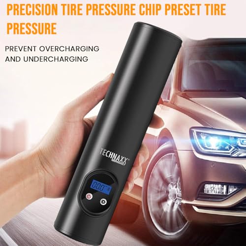 Technaxx 4906 Akku Kompressor für`s Auto, Fahrrad, Motorrad, Bälle – Mini elektrische Luftpumpe mit 6000 Li Ion Akku - integrierter Arbeitsleuchte mit 6 LED`s – tragbarer Akku-Luftkompressor TX-157