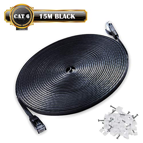 Cavo di rete 15m - CAT6 Ethernet Gigabit Lan (RJ45) - 10/100/1000Mbit/s - Cavo patch - UTP - compatibile con CAT.5/CAT.5e/CAT.7 - Switch/Router/Modem/Patchpannel/Access Point - Nero - Clip Gratuite