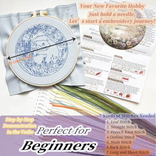 Image of FONNUY Embroidery Kit for Beginners, Cute Hedgehog Stamped Embroidery Patterns Kits for Adults with Hoop, Easy to Follow Sewing Thread Needlework, 8'' Hoop (Adorably Spiky)