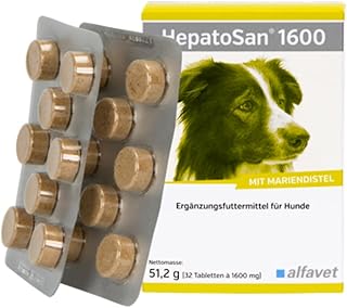 Alfavet HepatoSan 1600 – Ergänzungsfuttermittel für Hunde – Zur Unterstützung des Leberstoffwechsels – Mit Mariendistel, Artischockenblatt & Curcuma – 32 Tabletten à 1600 mg