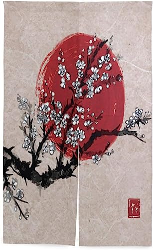 和風 桜 さくら のれん おしゃれ ロング 目隠し 間仕切り 綿麻, 和柄 桜 さくら 太陽 暖簾 ドア カーテン 障子 戸口 居間 出入り口 玄関 小窓 リビング キッチン 台所 部屋 着替え室 洋室 和室 居酒屋 料理屋 室内 インテリア かわいい の