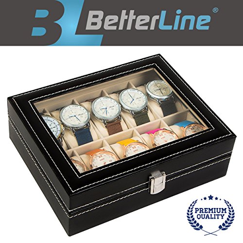 BETTERLINE Elegante Reloj Caja 10u00a0para Hombre Piel de Color Negro Cristal de Pantalla Top joyería Caso Organizador,