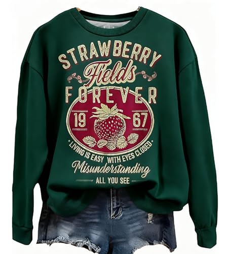 BOMYTAO Vintage Rock Band Sweatshirts for Women Fashion Country Music Pullover Beatle Strawberry Fields 1967 Long Sleeve Top(Green, XX-Large)