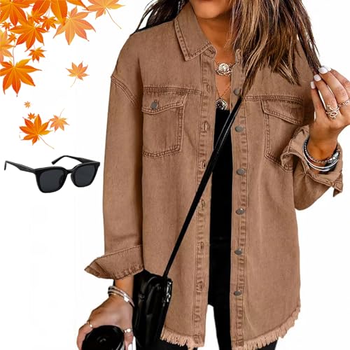 Expectatioin Women's Casual Denim Button down Distressed Jacket - 2025 Fall Fashion Trends with Oversized Frayed Hem Design