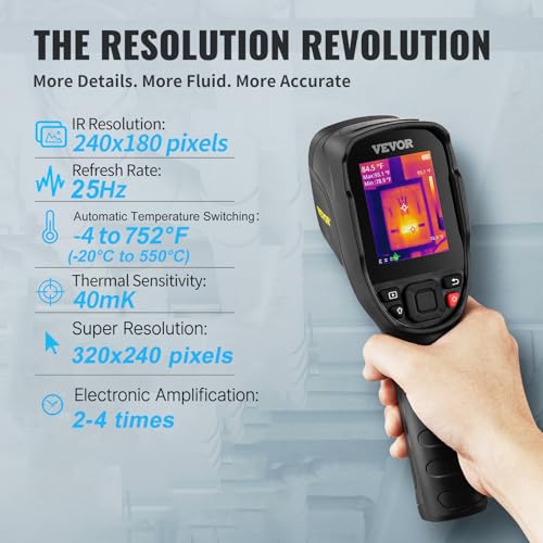 Image of VEVOR Thermal Imaging Camera, 240x180 IR Resolution (43200 Pixels), 20Hz Refresh Rate Infrared Camera with -4℉~662℉ Temperature Range, 16G Built-in SD Card, and Rechargeable Li-ion Battery