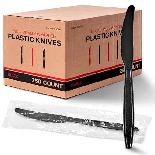 Stock Your Home Individually Wrapped Knives, 250 Count Heavyweight Plastic Knives, Plasticware Disposable Knife Bulk Pack, Individual Wrapped Knives, Heavy Duty Plastic Utensils for Party Supplies