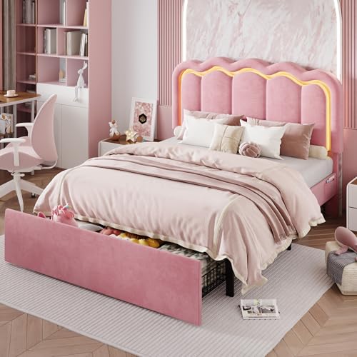 SHA CERLIN Upholstered Full Size Bed Frame with LED Lights and Large Storage Drawer Velvet Platform Bed with Adjustable Wavy Headboard Noise Free Easy Assembly No Box Spring Needed Soft Pink