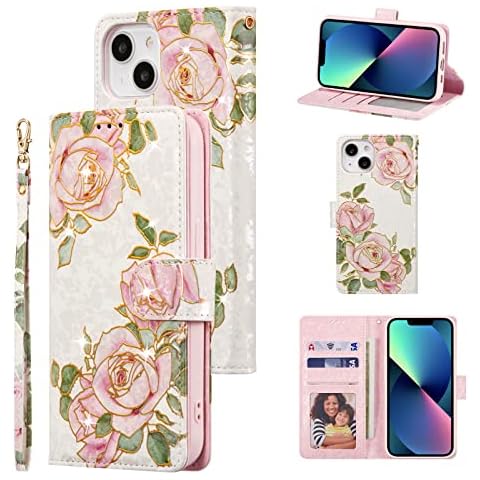 UEEBAI Wallet Case for iPhone 15, PU Leather Phone Case Kickstand RFID Blocking Flip Case Card Slots Wrist Strap Relief Engraved Pattern Magnetic Closure Flower Folio Case, White Rose Cover