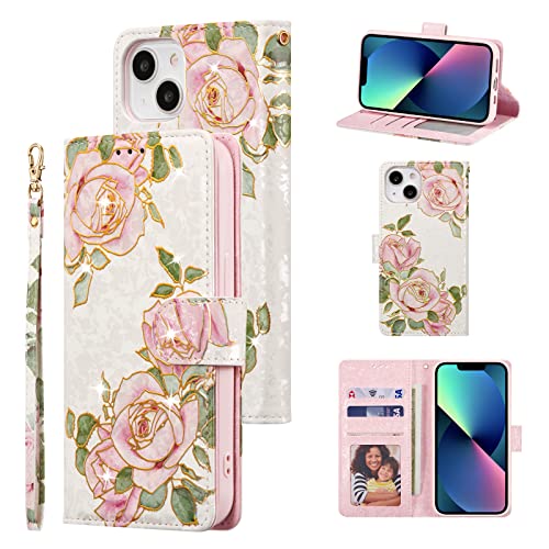UEEBAI Wallet Case for iPhone 13 6.1 inch, PU Leather Phone Case Kickstand RFID Blocking Flip Case with Card Slots Wrist Strap Relief Engraved Pattern Magnetic Closure Folio Case - White Rose