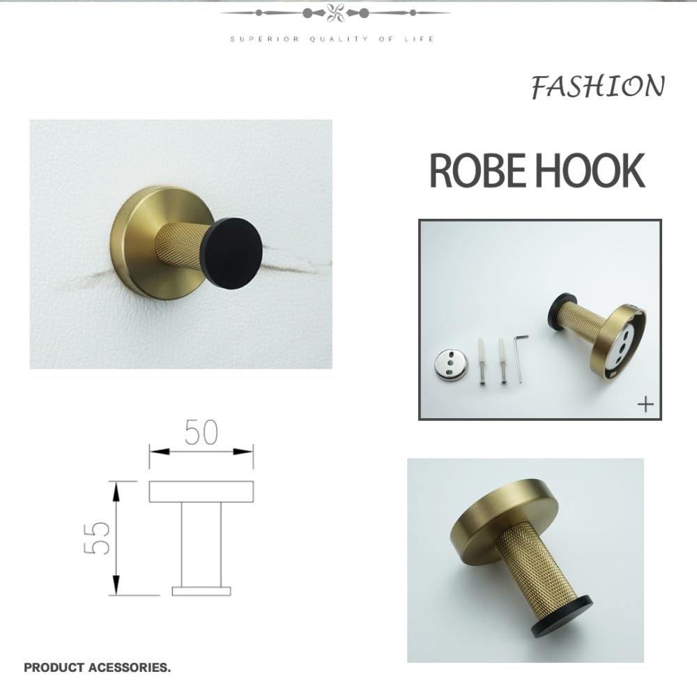 Türhaken Badezimmerhaken Badezimmer-Zubehör-Set aus gebürstetem Gold und mattiertem Schwarz, Handtuchhalter, Taschentuchhalter, Kleiderhaken-Set, Bademantelhaken(Color:2 Pcs Robe Hook)