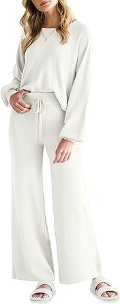 ANRABESS Women’s Two Piece Outfits Sweatsuit Long Lantern Sleeve Crewneck Crop Top with Wide Leg Pants Sweater Sets