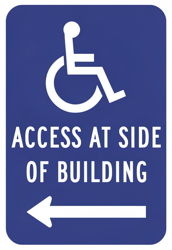 peiyeety ADA Accessible Parking Direction Tin Sign 12x8 Inch – Access at Side of Building Left Arrow Metal Wall Plaque, Blue & White Handicap Symbol, Indoor/Outdoor Door & Facility Wayfinding Decor