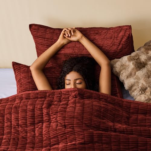 Image of Wonderful Corduroy Texture Reddish Brown Quilt Set Queen - Hypoallergenic Skin-Friendly Soft Plush Velvety Touch Bedspread, Classic Vertical Striped Lightweight Coverlet for All Season, 94 inchx94 inch