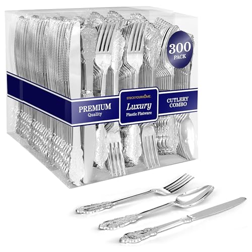 300 Pcs Silver Plastic Silverware Set - 100 Forks, 100 Spoons, 100 Knives, Heavy Duty Disposable Utensils, Elegant Flatware for Dinner Party, Wedding