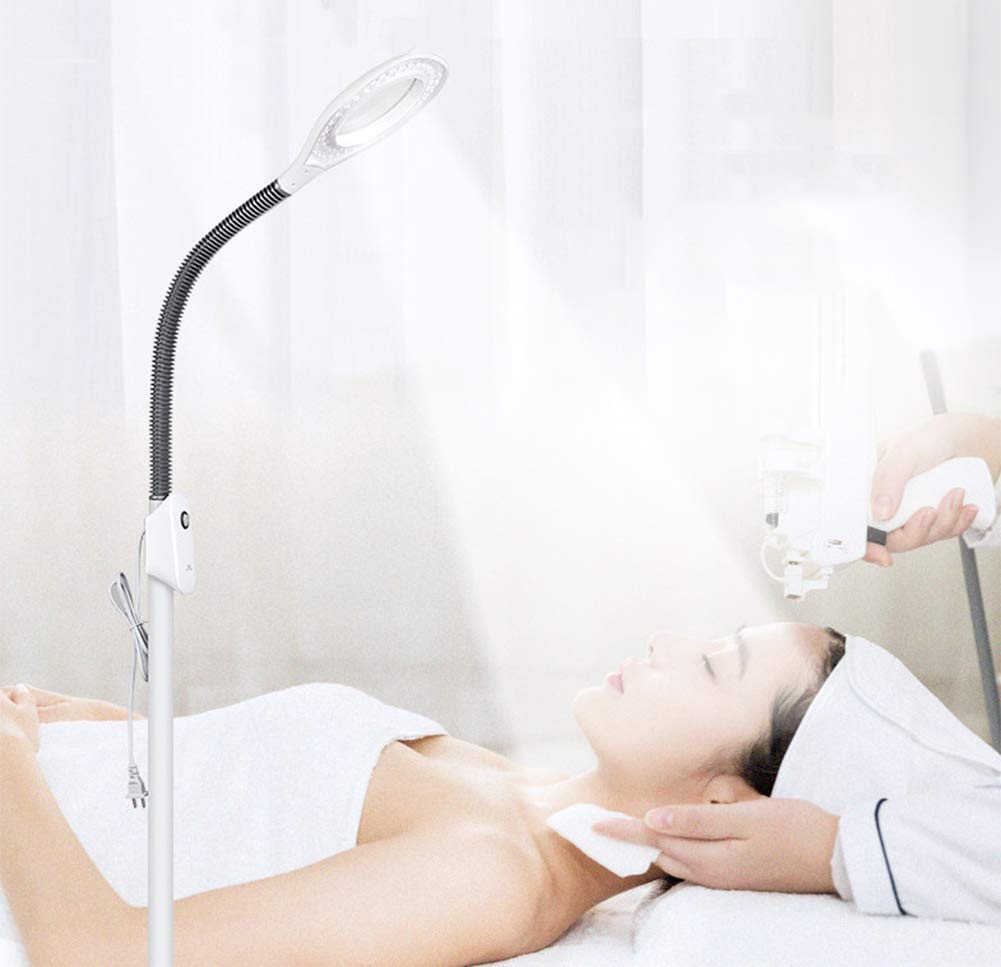 Lámpara de pie con lupa Lámpara de pie con lupa LED 5x - Lente de vidrio iluminada con lupa de espectro completo brillante de luz diurna - Lámpara de pie con cuello de cisne ajustable en altura