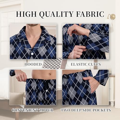 Vulcanodon Men 100% Cotton Pajama Set, Soft Warm Button Down Pajama Sets for Men Comfy Plaid Fun Prints Lounge With Pockets4