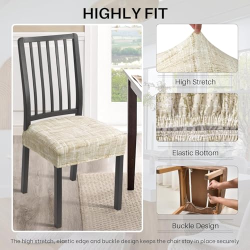 Image of Stretch Dining Chair Seat Covers Set of 8, Soft Removable Washable Seat Covers for Dining Chairs, Dining Room Seat Cover Protector (Rear-Covered, Beige Linen-Look Print)