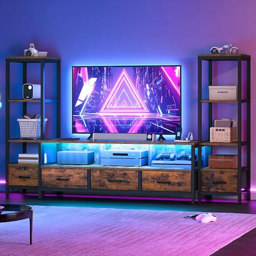 DWVO Entertainment Center with Bookshelves, LED TV Stand for 65/60 inch TV, Retro TV Stand for Living Room with 2 Industrial 4-Tier Bookshelves & Power Outlets,Rustic Brown