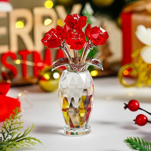 H&D HYALINE & DORA Crystal Red Rose Flower Figurine,Glass Flower Bouquet Gifts for Anniversary Valentines Day Gifts,Handmade Crystal Rose Collectible