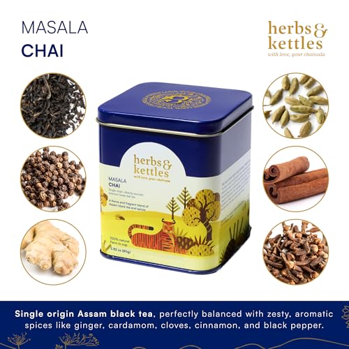 Image of Herbs & Kettles Chai - Masala | Authentic Indian Chai Tea with Assam Black Tea, Ginger, Cardamom, Cinnamon, Cloves & Black Pepper | Loose Leaf | Makes 16-20 Servings | Premium Gourmet Tea Gift
