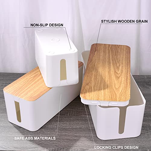 3 Pack Cable Management Box With 18 Pcs Cable Management Set - Large & Medium & Small Wooden Grain Cable Organizer Box To Hide Wires & Power Strips | Tv Cord Organizer Box | For Home & Office(White) #TOP2