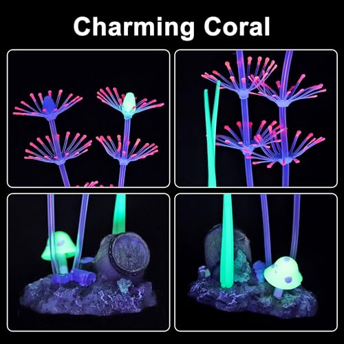 Image of Lpraer 4 Pack Glow Aquarium Decorations Branch Coral Reef Mushroom Seaweed Simulation Glow Plant Glowing Effect Silicone for Fish Tank Decorations