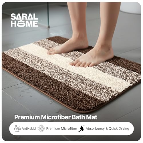Image of Saral Home Microfiber Striped Rectangle Shaped Anti-Skid Bath Mats | Soft & Super Absorbent Mats for Shower | Washable, Non-Slip & Quick-Drying Mats, 50X70 CM | Pack of 2 (Brown)