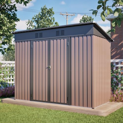 Metallgerätehaus 8 x 4 Fuß braun, Gartenschuppen mit Fundamentrahmen, abschließbaren Türen und Belüftung, wetterfest für Geräte, Fahrräder und...