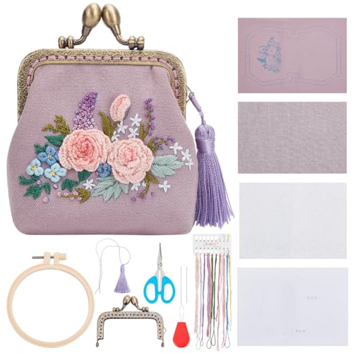 Image of ORIGACH DIY Flower Embroidery Coin Purse Kits Kiss Clasp Lock Bag Embroidery Kit Sewing Handbags Change Purse Set for Beginner with All Supplies