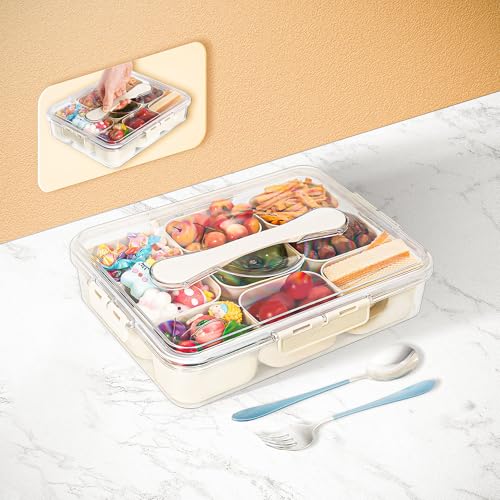 VIDONIO Divided Serving Tray with Lid & Handle - 9 Compartments Portable Snack Platter Organizer Fresh-Keeping Box for Candy Fruit Nuts Spice Charcuterie Container for Entertaining Party Travel Picnic