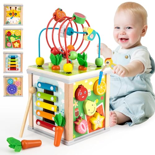 Funsland Cubo de Actividades Bebe - 7 en 1 Juguete Madera Montessori 3 Año, Sensoriales Educativos Juguete para Bebe 3 Años Regalo Niño Niña de Cumpleaños Navidad