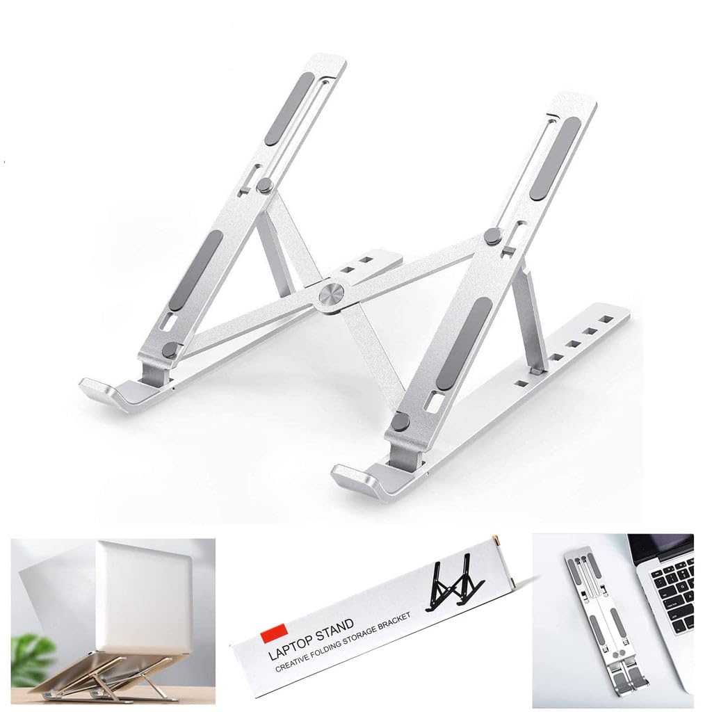 PremiumAV Metal Portable Laptop Stand – 6-Angle Adjustable Aluminum Riser for Laptop, Tablet & Phone, Foldable Ventilated Holder Compatible with MacBook, iPad, Dell, HP & More – Silver 9 51z9